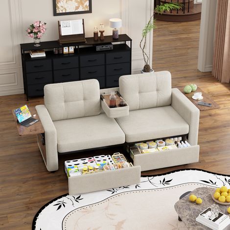 Canapé 2 places en Chenille avec rangement intégré, table d’appoint réglable et porte-gobelets - Beige (1/5)