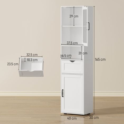 Colonne de salle de bain en bois (avec 2 placards, 1 tiroir et 1 étagère ouverte), 40 x 30 x 165 cm, blanche (1/5)