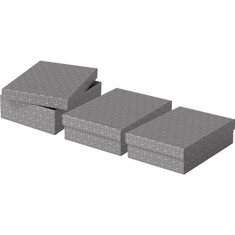Esselte Set di 3 Contenitori Medi con Coperchio in Cartone Riciclato e Riciclabile al 100%, Ottimali per lo Stoccaggio o come Confezione Regalo, Design Geometrico, 265 mm x 100 mm x 360 mm, Grigio (1/5)