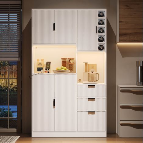 Hoher Küchen-Schrank mit Flaschenregal, 3 Schubladen, LED und Steckdosen HAVRYA (1/5)