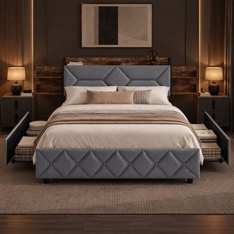 Lit 160x200 cm en fer gris avec 4 tiroirs, lit double avec sommier à lattes, tête de lit rangement, chargeur USB, lin, Lit adult - Moderne (1/5)