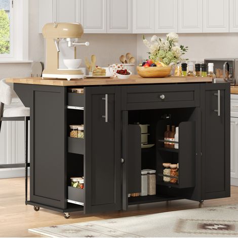 Îlot de cuisine mobile avec plateau rabattable, MDF, 120 x 70 x 87 cm, noir et naturel (1/5)