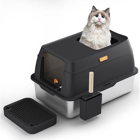 Stainless Steel Litter Box with Lid, Front Entry Top Exit Litter Box, Extra Large Enclosed Metal Litter Box with Scoop and Litter Mat - Black MUMU (1/4)