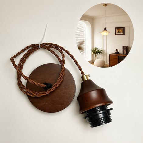 Suspension Rétro Douille Bois Noyer modèle trompette avec câble torsadé marron de 1 m pour Abat-Jour 150 g – Livraison gratuite (1/4)