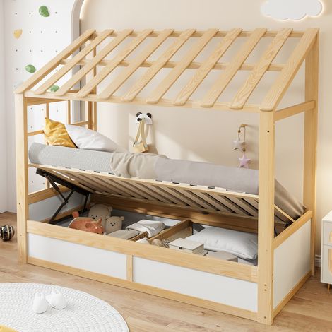 Cama infantil (207.5x96x180.5 cm), con almacenaje hidráulico, estantes laterales, madera, blanco y natural (1/5)