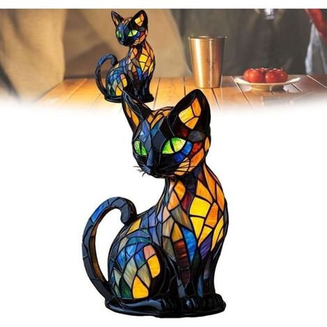 Lampe de Table Chat pour Tables de Nuit, Veilleuse de Table en Résine Teintée, Lampe Chat en Résine Vitrail, Lampe à Lueur Chaude (1/5)