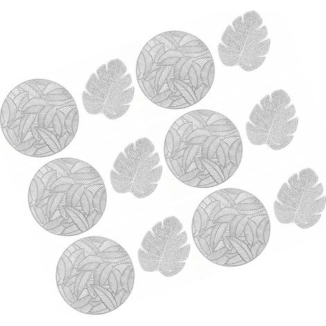 Set de 6 sets de table ronds ajourés et 6 dessous de verre feuille, argent, isolation thermique, pour table de salle à manger (1/5)