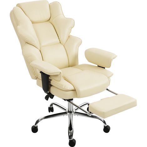 Sedia da Ufficio con Poggiapiedi e Poggiatesta, in Pelle PU, Schiuma e Metallo, 76x73x117-125 cm, Bianco Crema
