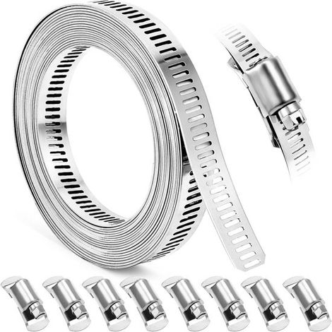 Abrazaderas para mangueras，Abrazaderas caseras de acero inoxidable，Correas de 3,5 m + 8 sujetadores，Abrazaderas grandes ajustables (1/5)