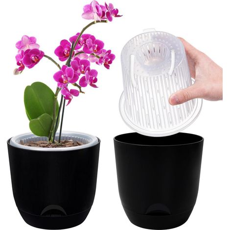 2er-Set Orchideentopf mit Selbstbewässerungssystem, 14,7 cm, Schwarz (1/5)