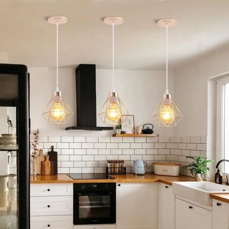 3PCS Lampe Suspension en Cage Métal Or Champagne,Lustre de Plafon de Style Edison Suspension Lumianire Industrielle pour Salo (1/4)