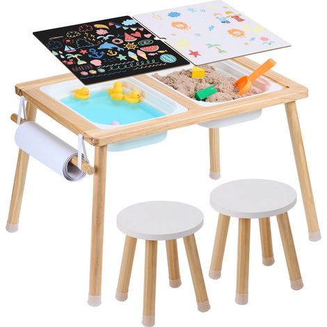 Table d'Activités pour Enfants, Table d'Exploration Sensorielle avec 3 Bacs de Rangement et 1 Porte-papier, Table d’Eau et de Sable en Bois, Intérieure/Extérieure, pour Dessiner et Étudier (1/5)