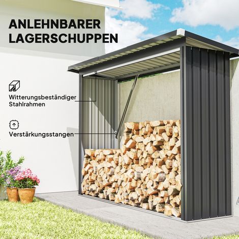 Abri de stockage de bûches, ossature métallique, plateforme surélevée, toit incliné, 213 x 66,5 x 150 cm, couleur anthracite