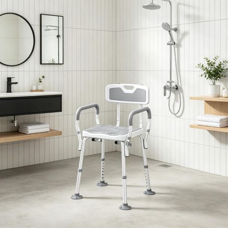 Chaise de douche ergonomique en acier, tabouret stable salle de bains, pieds réglables hauteur protection antidérapante 58×48,5×74‑87cm, blanc et gris clair (1/5)