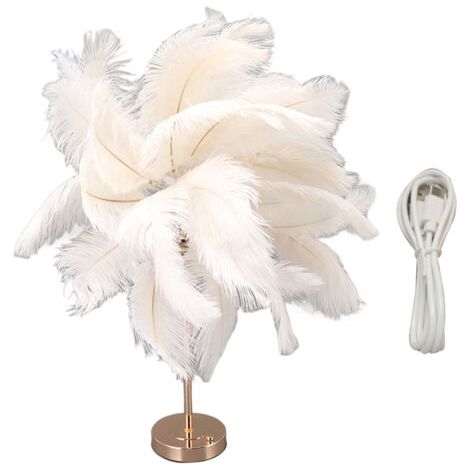 SUNXURY Lampe de table en plumes d'autruche rechargeable, lampe de décoration romantique moderne, lampe de chevet de chambre à coucher pour la décoration de la maison, blanche (1/5)
