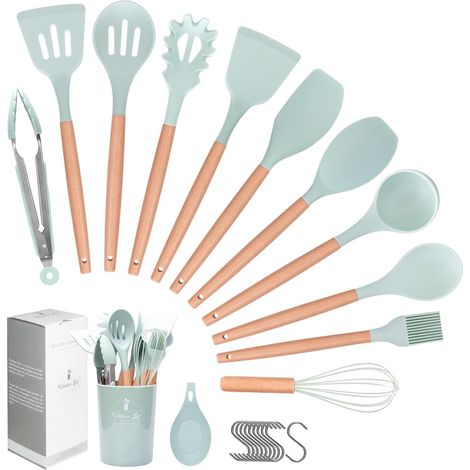 Ustensiles de Cuisine Silicone et Bois, 23 Pièces Outil de Cuisine Antiadhésif Anti-Rayures, Ustensiles Cuisine Antiadhésive Set, sans BPA, avec Pot de Rangement (Vert) (1/5)