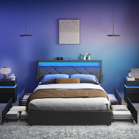 Vasagle – Lit double coffre 160x200 cm avec éclairage LED – 4 tiroirs de rangement – Tête de lit rembourrée ajustable – Structure en métal gris ardoise