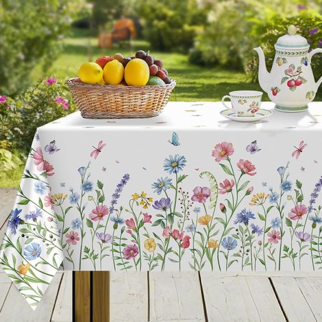 Nappe Rectangulaire Anti Tache Fleurs Feuilles Papillons Nappe de Table Printemps Lavable Imperméable Polyester pour Salle à Manger Jardin fête Mariage ou Maisonr, 152 x 264 cm (1/5)