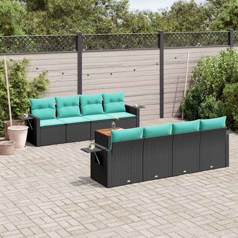 9-teiliges Gartensofa-Set mit Kissen, schwarzes Polyrattan (1/5)