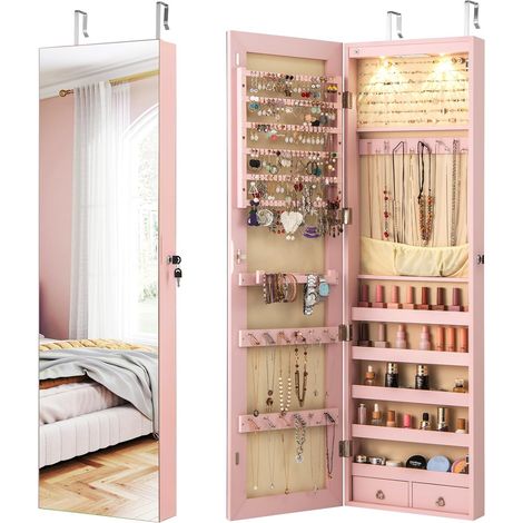 GOPLUS Armoire à Bijoux avec Miroir, Armoire a Bijoux Murale avec Éclairage LED, 2 Tiroirs, Fixer au Mur ou à Suspendre sur Porte, pour Ranger Boucles d'Oreilles et Colliers (Rose) (1/5)