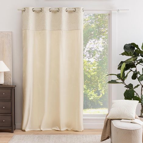 Rideau tamisant à œillets en velours avec bandeau jacquard zébré Naturel 140x240 cm (1/5)