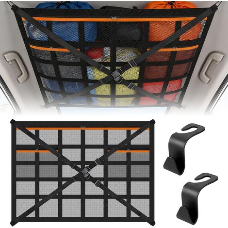 Filet de Rangement pour Toit de Voiture, Filet Plafond 90x65 cm  Organiseur Élastique en Maille avec Sangles Réglables et Poches Zippées, Grand Sac Universel pour Voiture, SUV, Van (1/5)
