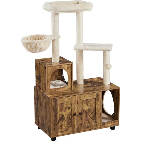 Yaheetech Albero Tiragraffi per Gatti 134,5 cm Mobile per Lettiera Multifunzionale Tutto in Uno Sisal Posatoio Condominio in Legno Marrone Rustico/Beige