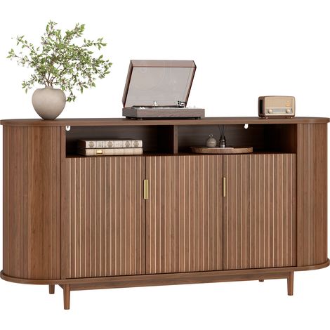 Commode à 3 portes, aspect bois, meuble de salon, meuble de rangement, MDF, structure à lignes verticales et pieds en pin, meuble de rangement moderne (1/5)