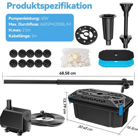 Biling Teichfilter Komplettset mit Pump 2500 l/h 40W Mit RGB LED Licht Teichpumpe mit Filter für Teiche Sauberes Wasser Pflegen Sie schöne Wasserspiele für Teich Garten Pool Außen, Atmosphäre Schaffen (1/5)