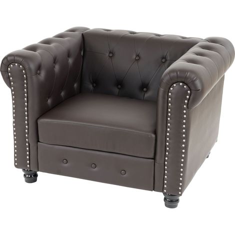 Poltrona stile vittoriano Chesterfield ecopelle 90x109x74cm marrone piedi rotondi (1/4)