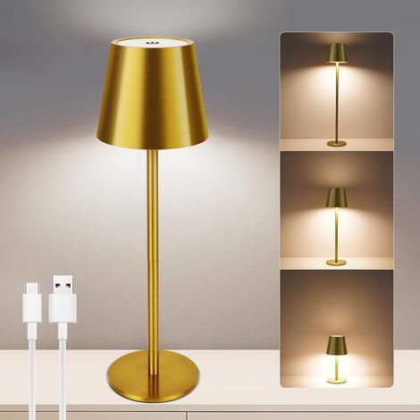 1200mAh Lampe de Table Sans Fil à intensité variable,(or) Batterie Rechargeable , Tactile à LED 3 Couleurs Dimmables, avec USB C, pour l'intérieur et l'extérieur, Chambre (1/5)