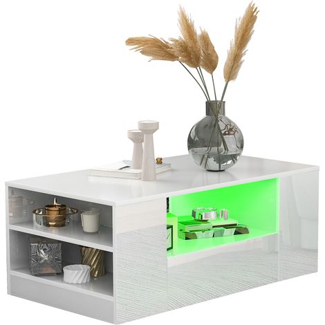 Table basse moderne blanche avec éclairage LED, 2 tiroirs et étagères, finition brillante, 95x53x37 cm (1/5)