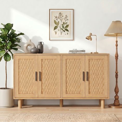 BLANKETSWARM - Buffet cuisine bois avec 4 Portes en Rotin, Poignées en Métal Noir, 5 Pieds, meuble bas rangement style rustique, buffet salle a manger 140x40x80 cm, bois nature
