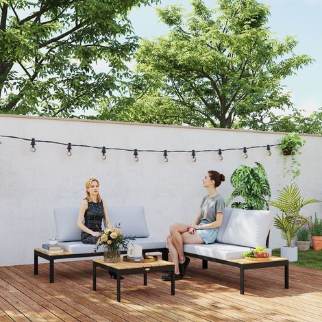 Set de jardin 4 pièces : 2 canapés 2 places avec table basse et table d’appoint, métal et bois composite, gris, noir, teck (1/5)