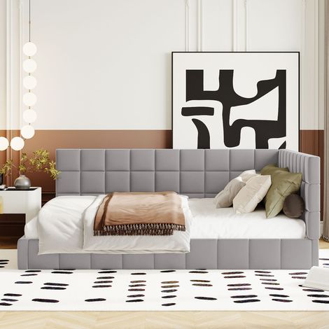 Lit 140x200 avec sommier, convertible en sofa, tissu gris HAVRYA (1/5)