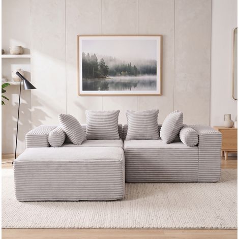 Canapé d'angle modulable 266x110x60 cm en tissu chenille gris, sans installation, salon FloraGrace (1/5)