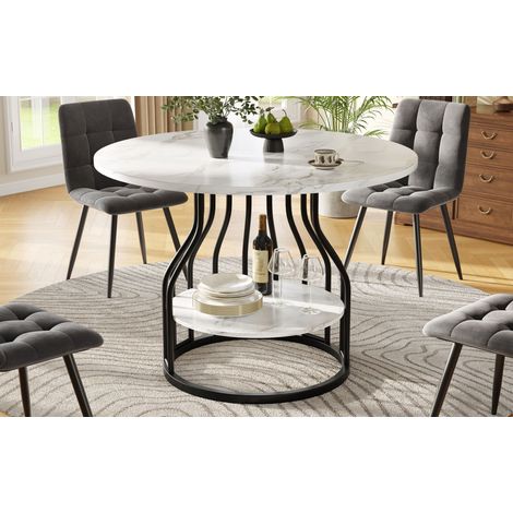 Table de salle à manger ronde 80×80×76cm, table basse cuisine pour 4 personnes, plateau MDF imitation marbre noir avec rangement central, idéale pour salon et salle à manger