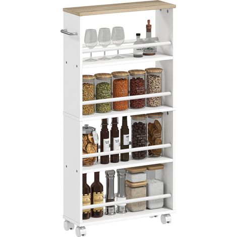 Scaffale multifunzionale con rotelle, design sottile, 4 scomparti, 45x15x91 cm, naturale