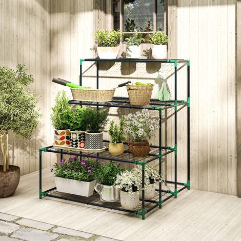 Stand à 4 niveaux doté de design en échelle et structure métallique solide pour la verdure intérieure et extérieure