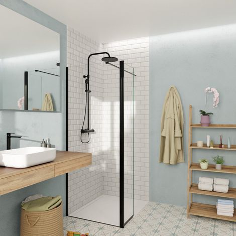 Swiss Aqua Technologies Walk-in 90x200cm Schwenkbare Duschwand und Rückwand aus 8 mm Crystal Glass® mit Kalkschutz, mit Armen und Profilen in Mattschwar
