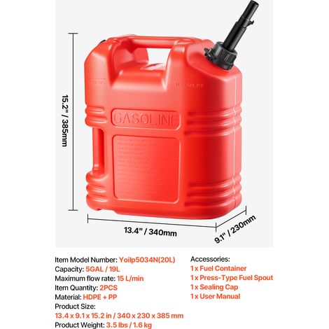 VEVOR Fuel Container, 19 L, Gas Tank with Spout & Clear Scale, 15 L/min Max Flow Rate, Secure & Leak-proof, Portable Flat Fluid Container for Most Cars Motorcycle ATV UTV, Red, 2 Packs (1/4)