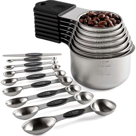 16-teiliges Set magnetischer Messbecher und -löffel aus Edelstahl, 7 stabile Messbecher, 8 doppelseitige Messlöffel mit Füllstandsanzeige, schwarz (1/5)
