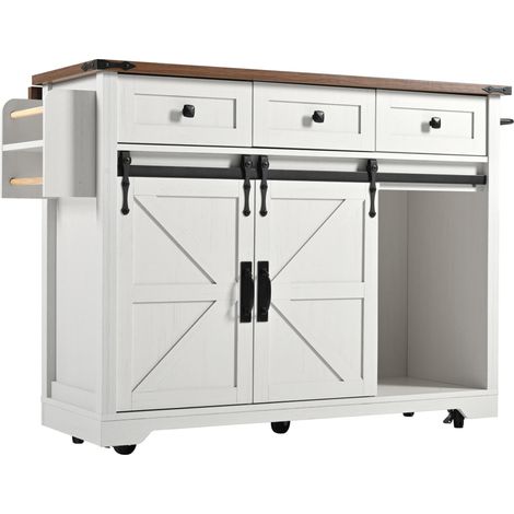 Isla de cocina con ruedas y tablero abatible, 2 puertas correderas y 3 cajones (1/5)