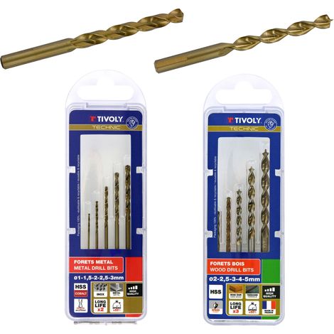 Tivoly • Lot de 5 forets bois speed point Ø 2 à 5mm + 5 forets métaux HSS-E5 (Cobalt 5%) gradués SLR pointe en croix Ø 1 à 3mm