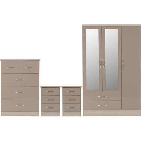 Nevada 3 Door 2 Drawer Mirrored Wardrobe Bedroom Set - Oyster Gloss/Light Oak Effect Veneer (1/5)