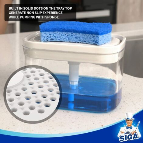 Distributeur de savon et porte-éponge haut de gamme 2 en 1, pompe à savon compatible lave-vaisselle et adaptée aux plans de travail de cuisine, blanc. (1/4)