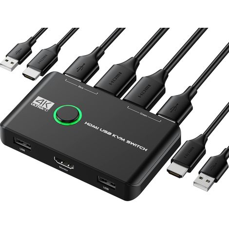 KVM Switch - HDMI 2.0 - 4K @ 60Hz - Para 2 Computadoras - 1 Monitor - 1 Teclado y 1 Ratón - Conmutación por Botón (1/5)