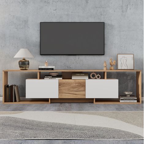 Mobile TV 180x30x49 cm bianco e legno naturale in truciolare con 2 ante a ribalta, 1 anta e 3 vani aperti (1/5)