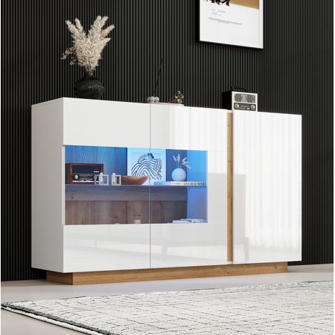 Credenza 138x38.5x90.5 cm bianco in pannello truciolare e vetro con LED RGB e finitura lucida (1/5)