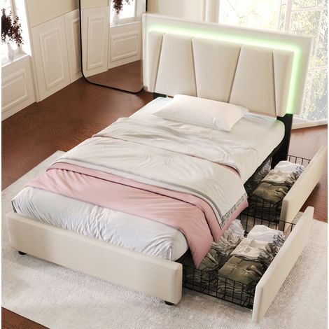 Bett Bettgestell Stauraum 90x200 LED Beige OKMYHOME (1/5)